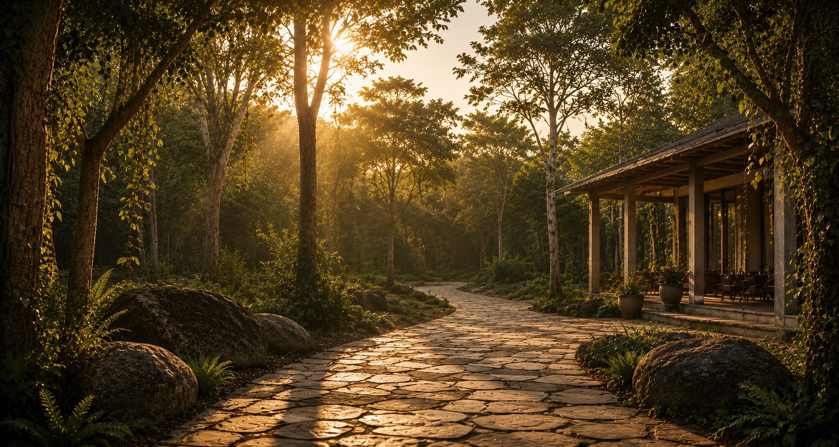 The wooded grounds of Malhar Bhoomi at golden hour