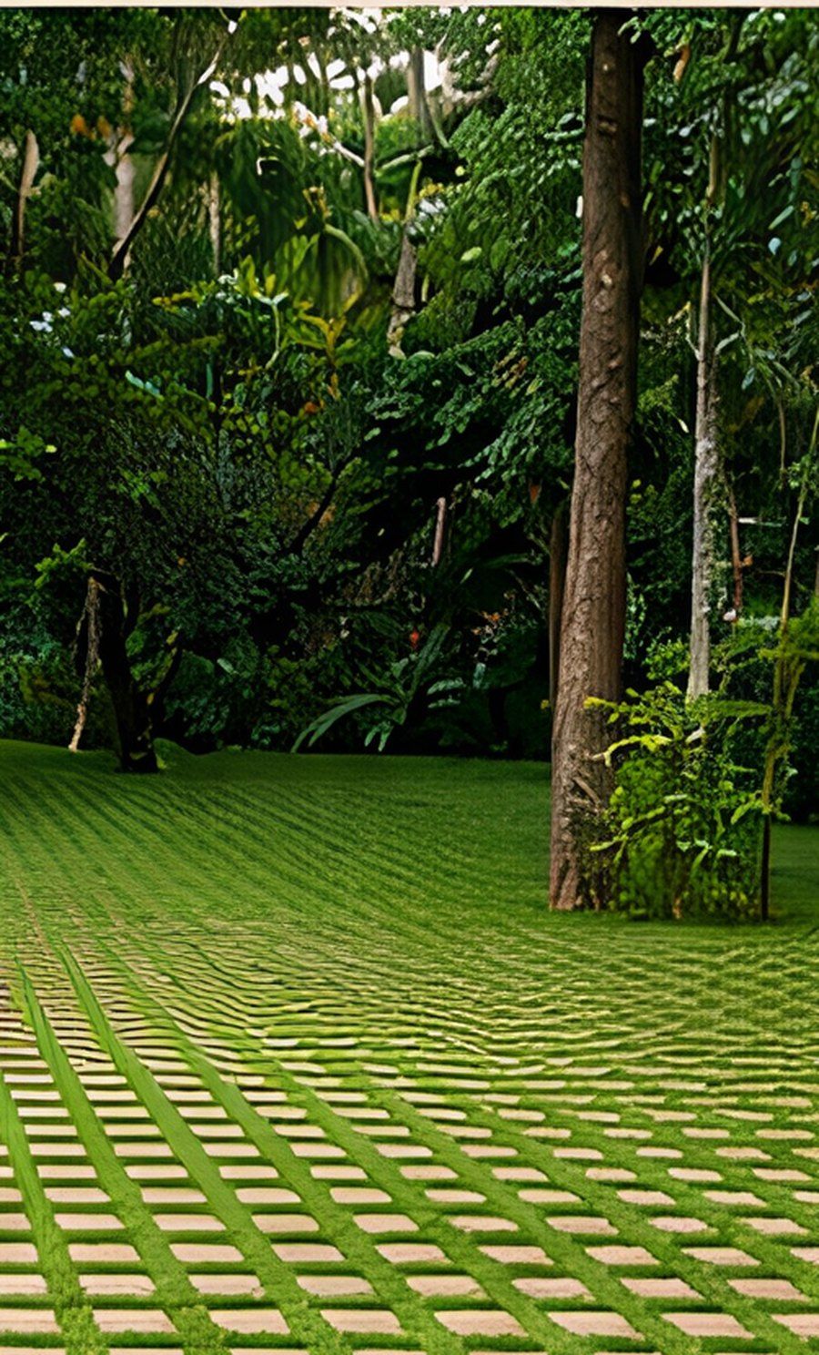 A stone-and-grass path through trees at Lotus Pavilion