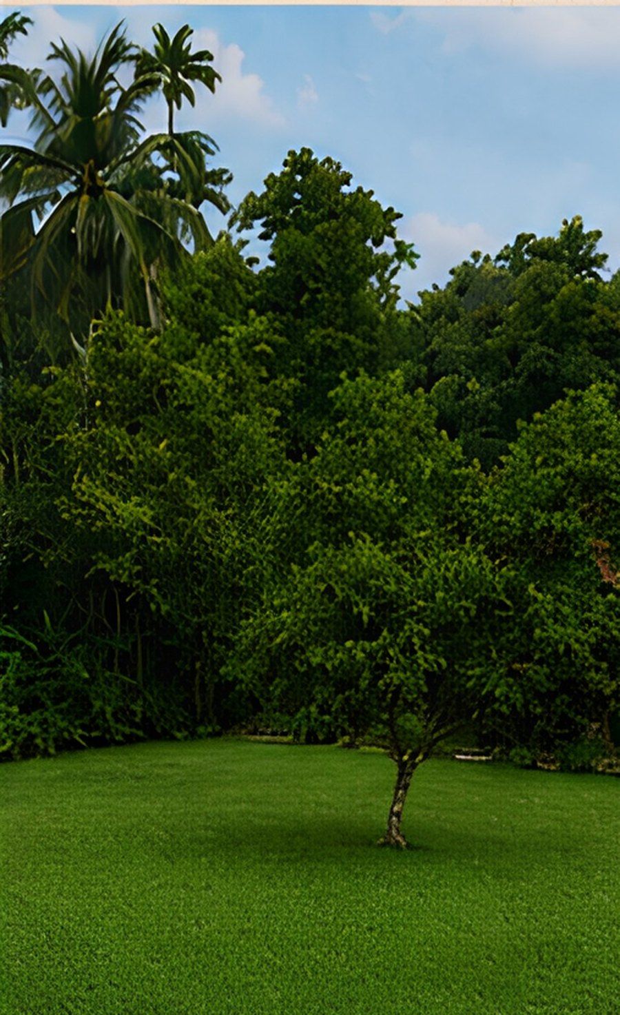 An open lawn with a single tree, palms behind