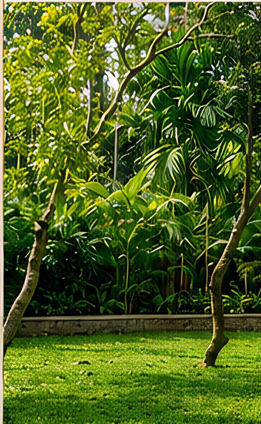 A lush green lawn ringed by mature trees
